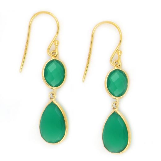 925 Sterling Silver earrings gold plated with two stones of Green Onyx in oval and drop shape