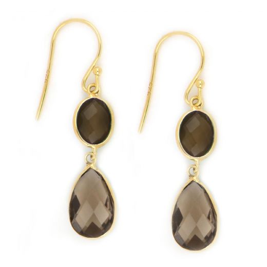 925 Sterling Silver earrings gold plated with two stones of Smoky in oval and drop shape