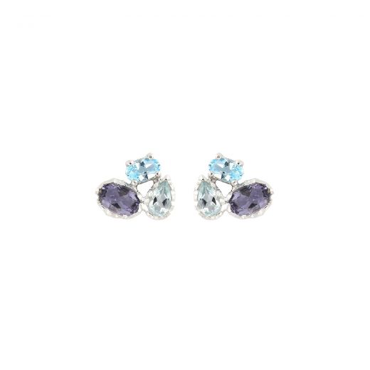 925 Sterling Silver earrings rhodium plated with three wonderful stones of Iolite, Blue Topaz and Swiss Blue Topaz