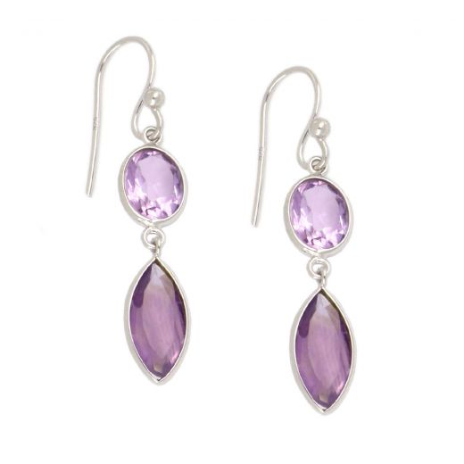 925 Sterling Silver earrings rhodium plated with two stones of Amethyst, oval and navette