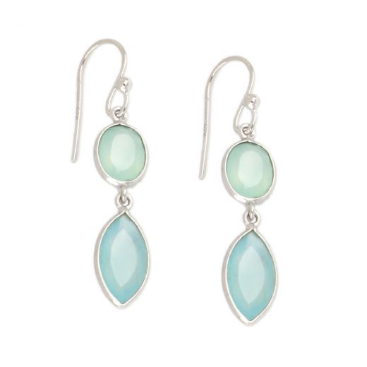 925 Sterling Silver earrings rhodium plated with two stones of Aqua Chalcedony, oval and navette
