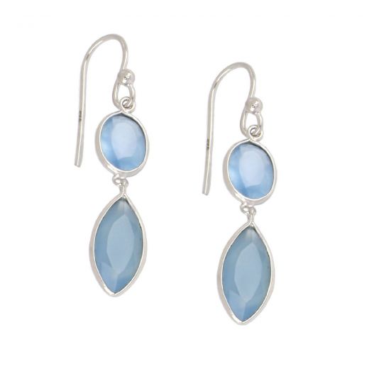 925 Sterling Silver earrings rhodium plated with two stones of Blue Chalcedony, oval and navette