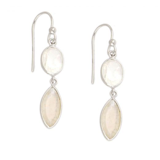925 Sterling Silver earrings rhodium plated with two stones of Rainbow Moonstone, oval and navette