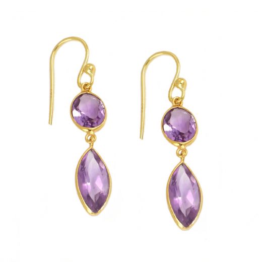 925 Sterling Silver earrings gold plated with two stones of Amethyst, oval and navette