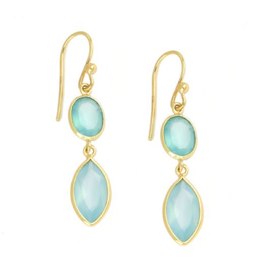 925 Sterling Silver earrings gold plated with two stones of Aqua Chalcedony, oval and navette