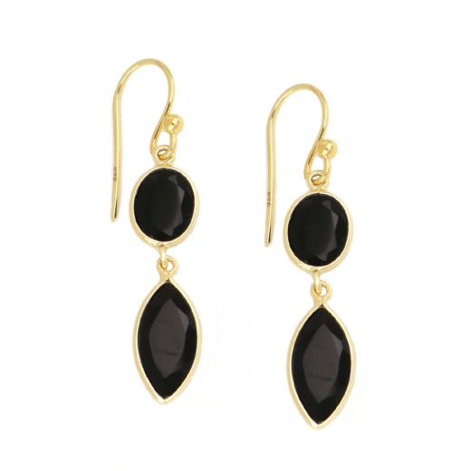 925 Sterling Silver earrings gold plated with two stones of Black Onyx, oval and navette