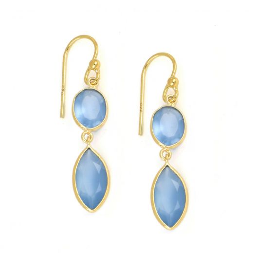 925 Sterling Silver earrings gold plated with two stones of Blue Chalcedony, oval and navette