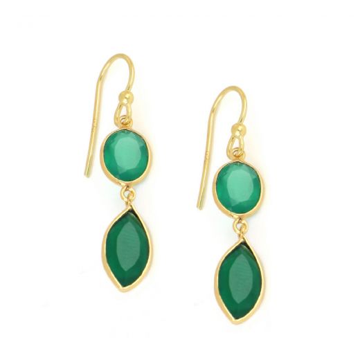 925 Sterling Silver earrings gold plated with two stones of Green Onyx, oval and navette