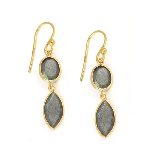 925 Sterling Silver earrings gold plated with two stones of Labradorite, oval and navette
