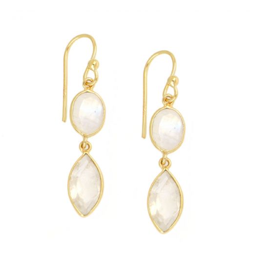 925 Sterling Silver earrings gold plated with two stones of Rainbow Moonstone, oval and navette