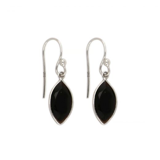 925 Sterling Silver earrings rhodium plated with Black Onyx in navette shape