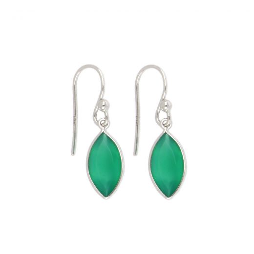 925 Sterling Silver earrings rhodium plated with Green Onyx in navette shape