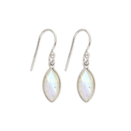 925 Sterling Silver earrings rhodium plated with Rainbow Moonstone in navette shape