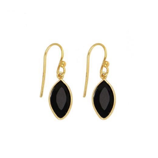 925 Sterling Silver earrings gold plated with Black Onyx in navette shape