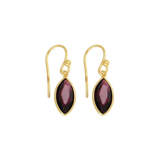 925 Sterling Silver earrings gold plated with Garnet in navette shape