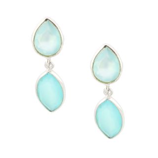 Χειροποίητα ασημένια σκουλαρίκια επιροδιωμένα με δύο πέτρες θαλασσί χαλκηδόνιο σε σχήμα σταγόνας και "νυχάκι"