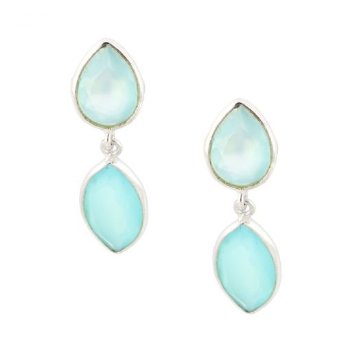 925 Sterling Silver earrings rhodium plated with two stones of Aqua Chalcedony, in the form of a drop and navette