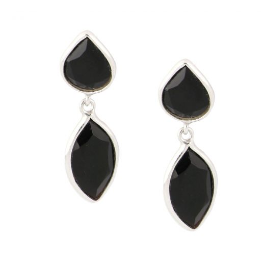 925 Sterling Silver earrings rhodium plated with two stones of Black Onyx, in the form of a drop and navette