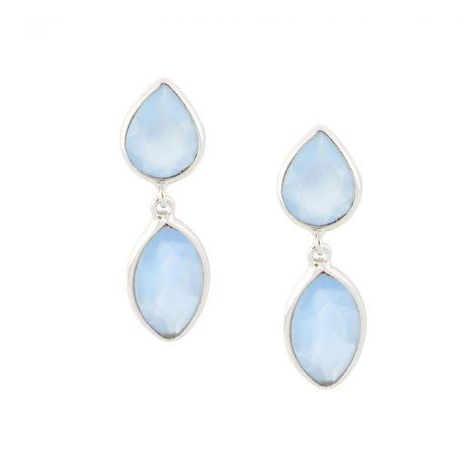 925 Sterling Silver earrings rhodium plated with two stones of Blue Chalcedony, in a shape of a drop and navette