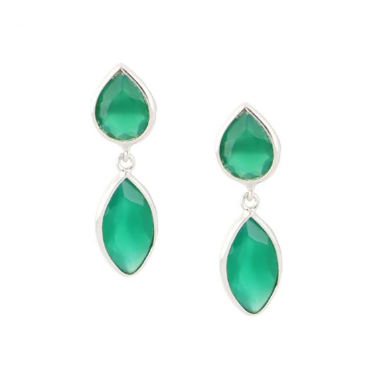 925 Sterling Silver earrings rhodium plated with two stones of Green Onyx, in a shape of a drop and navette