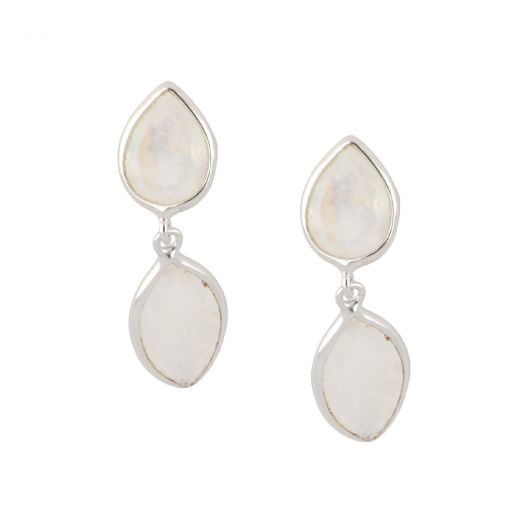 925 Sterling Silver earrings rhodium plated with two stones of Rainbow Moonstone, in a shape of a drop and navette