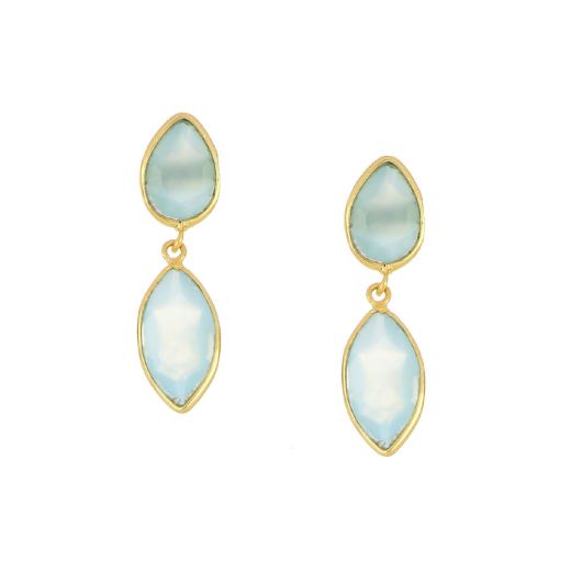 925 Sterling Silver earrings gold plated with two stones of Aqua Chalcedony, in the form of a drop and navette