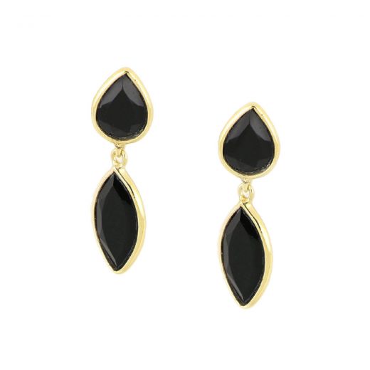 925 Sterling Silver earrings gold plated with two stones of Black Onyx, in the form of a drop and navette