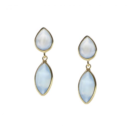 925 Sterling Silver earrings gold plated with two stones of Blue Chalcedony, in a shape of a drop and navette
