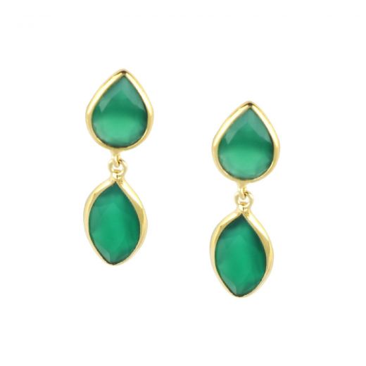 925 Sterling Silver earrings gold plated with two stones of Green Onyx, in a shape of a drop and navette