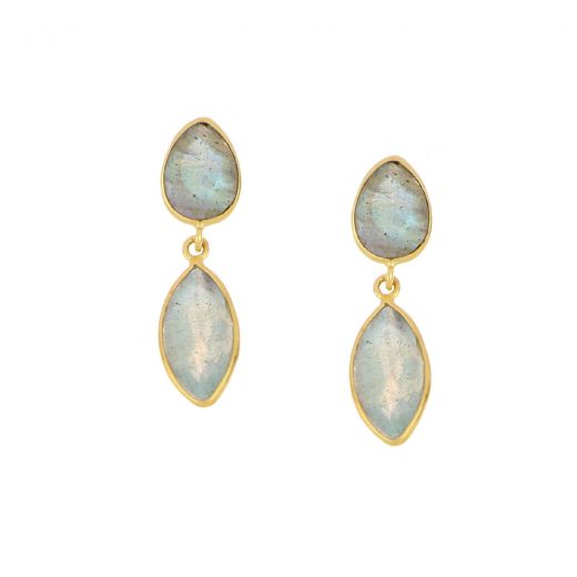 925 Sterling Silver earrings gold plated with two stones of Labradorite, in a shape of a drop and navette