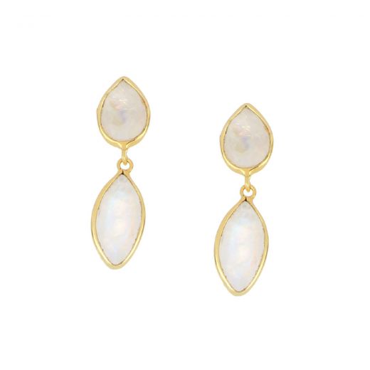 925 Sterling Silver earrings gold plated with two stones of Rainbow Moonstone, in a shape of a drop and navette