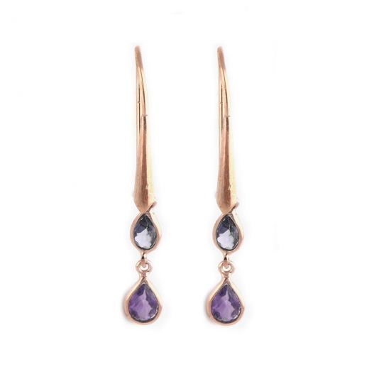 925 Sterling Silver earrings rose gold plated, Iolite and African Amethyst in a shape of a drop