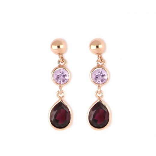 925 Sterling Silver earrings rose gold plated and round Brazilian Amethyst and Garnet  in the form of a tear