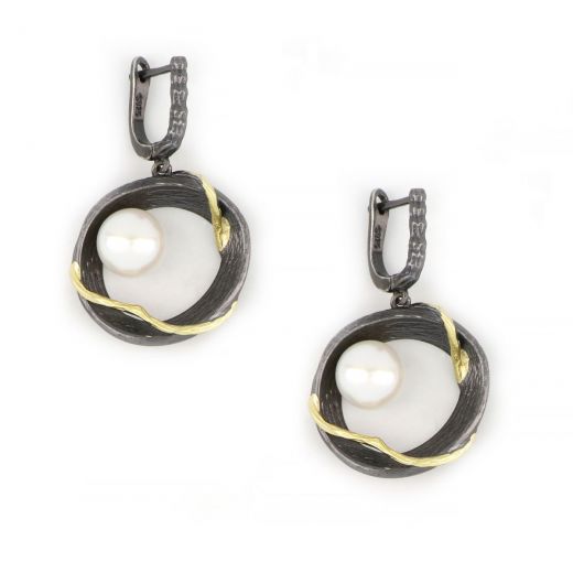 925 Sterling Silver earrings ruthenium plated, gold plated and fresh water Pearl