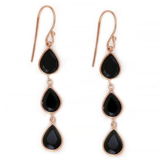 925 Sterling Silver earrings rose gold plated  with 3 Black Onyx SK11058-06