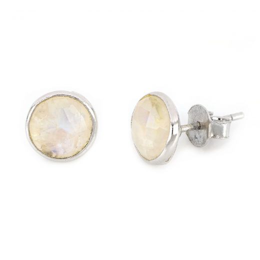 925 Sterling Silver earrings rhodium plated with round rainbow moonstone 8 mm.