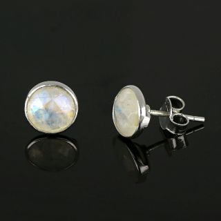 925 Sterling Silver earrings rhodium plated with round rainbow moonstone 8 mm. - 