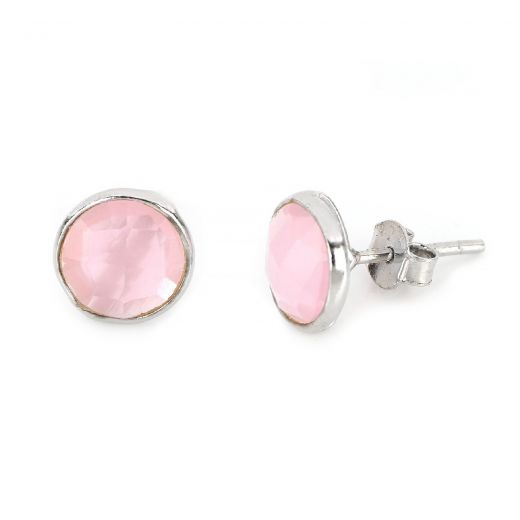 925 Sterling Silver earrings rhodium plated with round rose chalcedony 8 mm