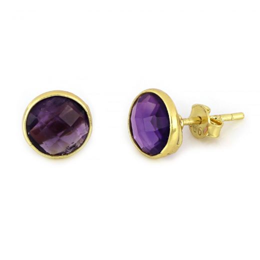 925 Sterling Silver earrings gold plated with round amethyst 8 mm