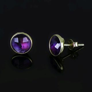 925 Sterling Silver earrings gold plated with round amethyst 8 mm - 