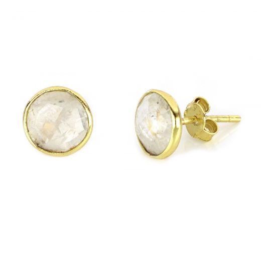 925 Sterling Silver earrings gold plated with round rainbow moonstone 8 mm
