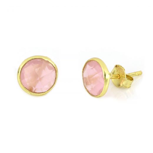 925 Sterling Silver earrings gold plated with round rose chalcedony 8 mm