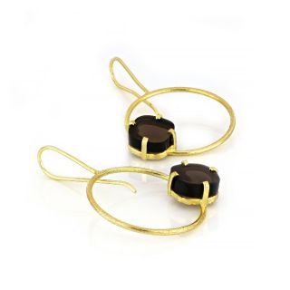 925 Sterling Silver earrings gold plated with square smoky quartz - 