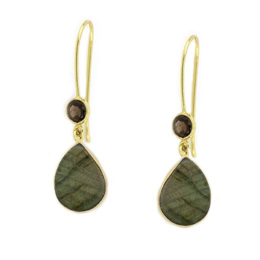 925 Sterling Silver earrings gold plated with smoky in round shape and labradorite in drop shape