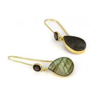 925 Sterling Silver earrings gold plated with smoky in round shape and labradorite in drop shape - 