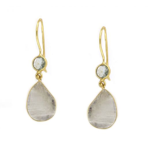 925 Sterling Silver earrings gold plated with two rainbow moonstones, round and drop shape