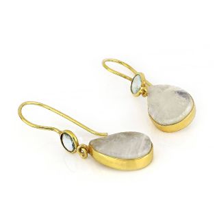 925 Sterling Silver earrings gold plated with two rainbow moonstones, round and drop shape - 