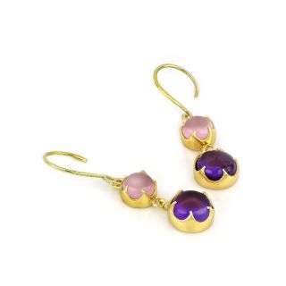 925 Sterling Silver earrings gold plated with rose quartz round stone and amethyst - 