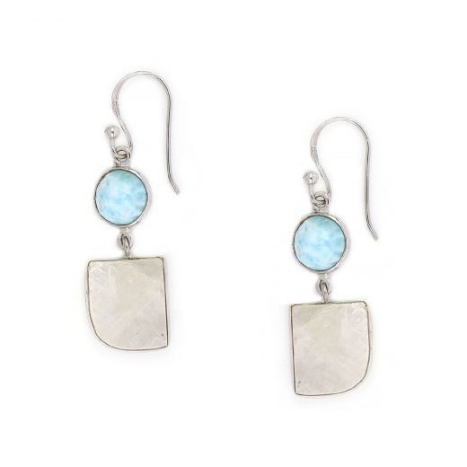 925 Sterling Silver earrings rhodium plated with stone of larimar in round shape and rainbow moonstone in asymmetric shape