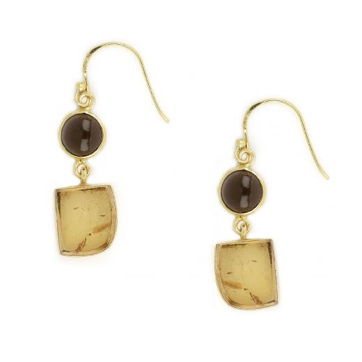 925 Sterling Silver earrings gold plated with round smoky and citrine stone in asymmetric shape